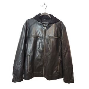 Guess Black Vegan Leather unisex Moto Biker Removable Hood Bomber Coat Jacket L